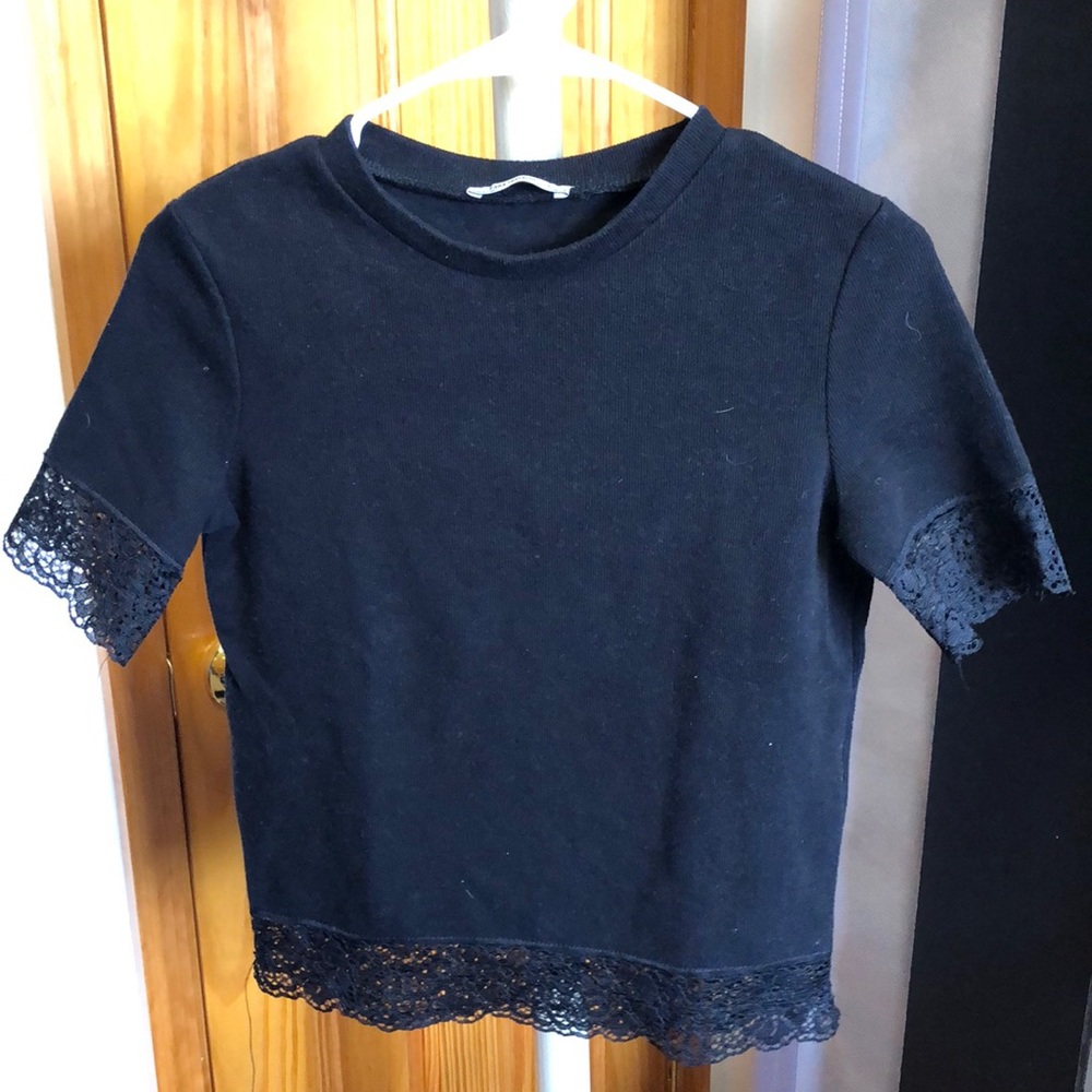 Zara Trafaluc Black Crew Neck Short Sleeve Sweater with Lace Trim